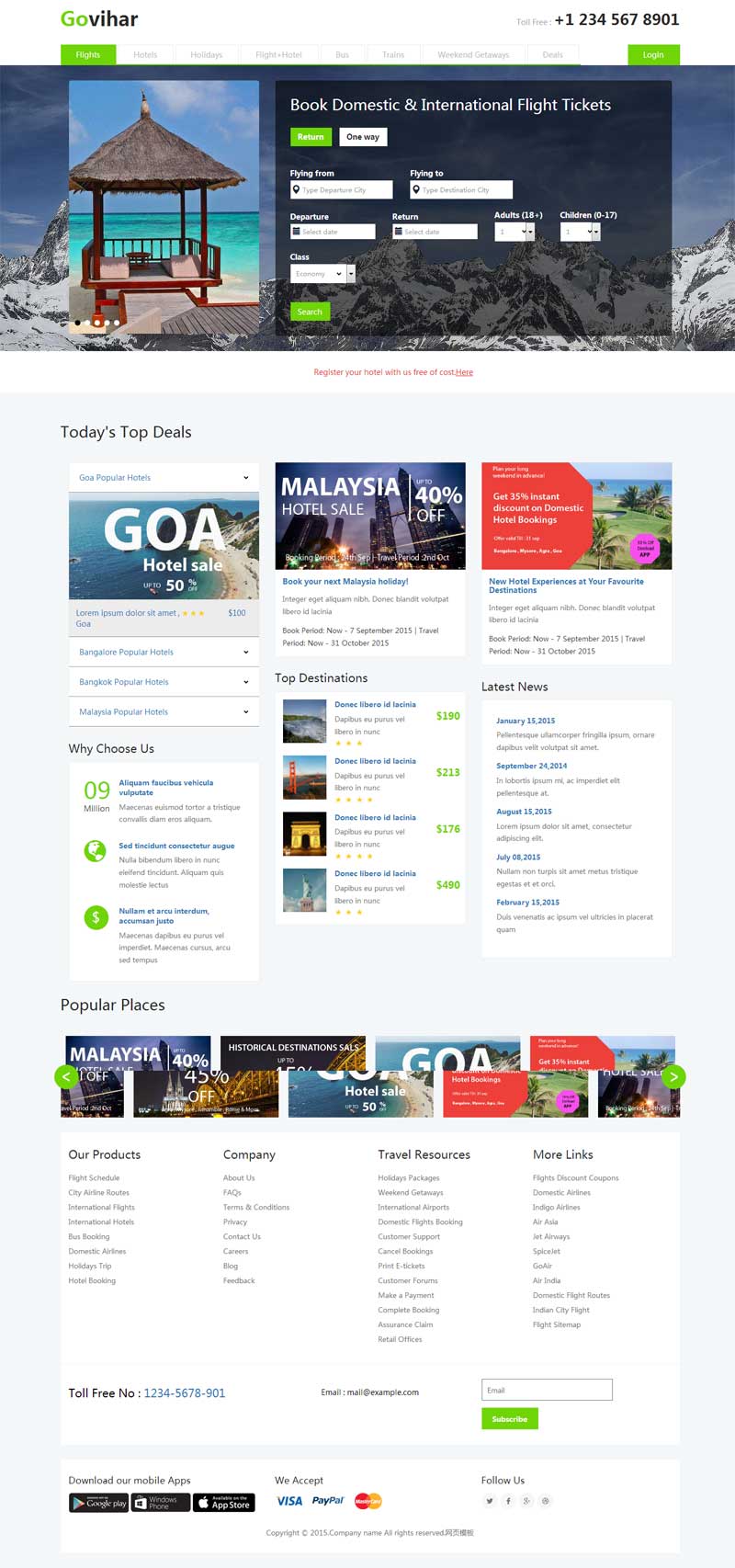 绿色的旅游机票预订网页模板html整站