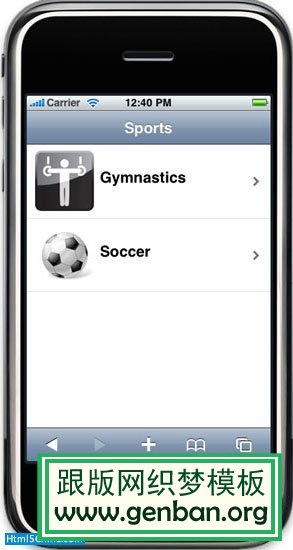 Ļͼչʾ iPhone ģϵ Web Ӧó򣺴 Gymnastics  Soccoer ѡ Sports Ӧó